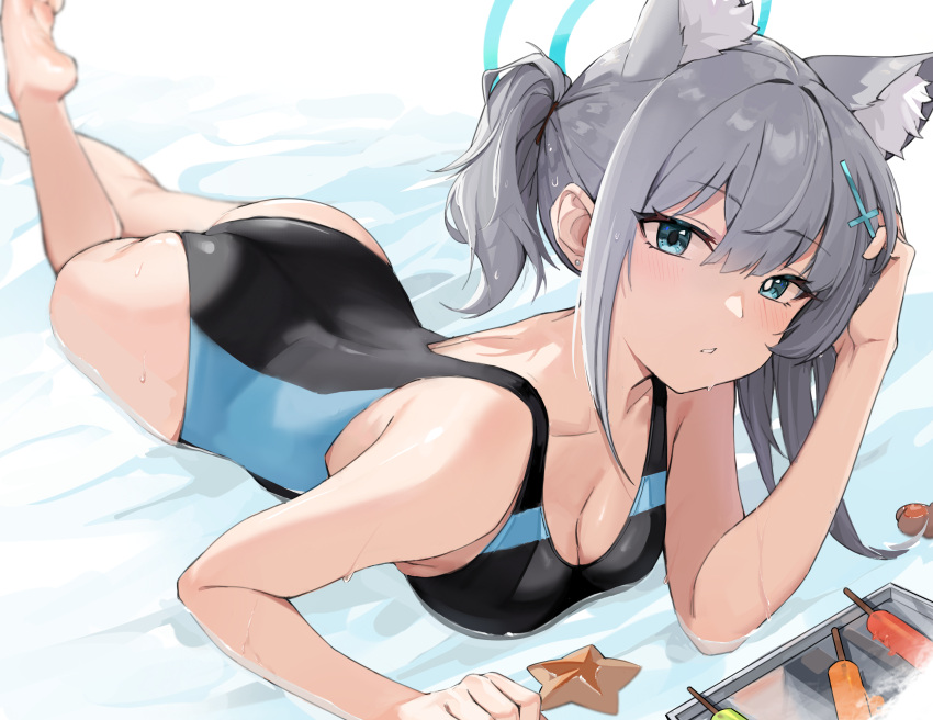 absurdres animal_ear_fluff animal_ears ass bare_arms bare_shoulders barefoot black_one-piece_swimsuit blue_archive blue_eyes blurry blush breasts chinese_commentary cleavage collarbone commentary_request competition_swimsuit cross_hair_ornament depth_of_field earrings extra_ears eyelashes female food foot_up grey_hair hair_between_eyes hair_ornament halo hand_up highres jewelry looking_at_viewer lying medium_breasts medium_hair mismatched_pupils mr.zhuo official_alternate_costume on_stomach one-piece_swimsuit parted_lips ponytail popsicle shallow_water shiroko_(blue_archive) shiroko_(swimsuit)_(blue_archive) short_ponytail side_ponytail sidelocks solo starfish stud_earrings swimsuit water wet wet_hair wolf_ears