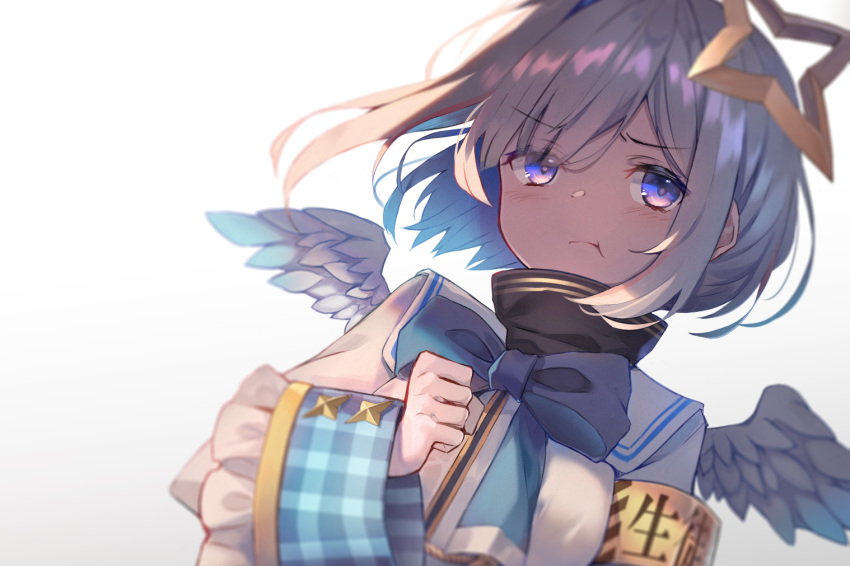 amane_kanata amane_kanata_(1st_costume) angel angel_wings armband asymmetrical_hair bad_id bad_pixiv_id blue_hair bob_cut bow bowtie collar colored_inner_hair cuffs feathered_wings female grey_hair halo hololive hopepe multicolored_hair pout purple_eyes sailor_collar school_uniform short_hair single_hair_intake sleeve_cuffs solo star_halo upper_body virtual_youtuber wings