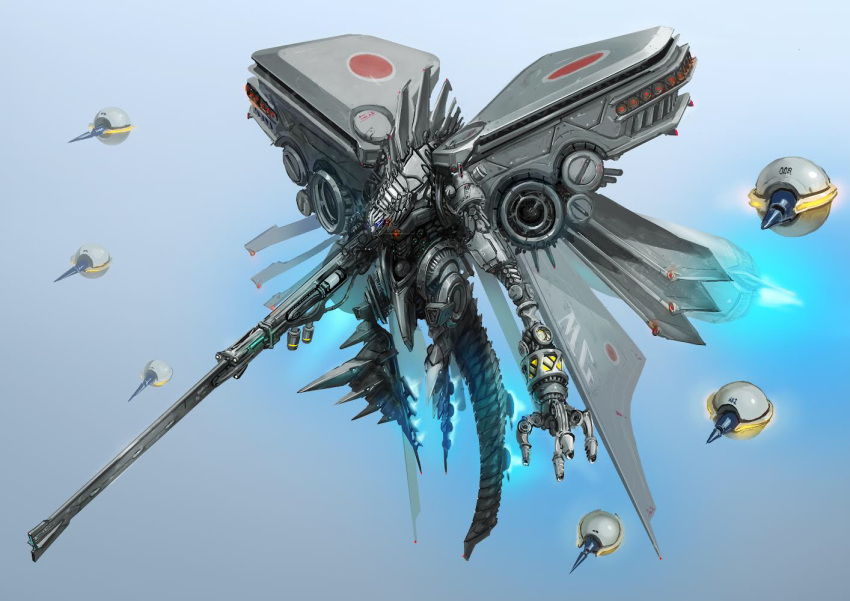 cannon flying full_body godzilla:_city_on_the_edge_of_battle godzilla:_planet_of_the_monsters godzilla_(series) grey_background jet_engine mecha mechagodzilla_(godzilla:_city_on_the_edge_of_battle) monster no_humans robot solo teru_sakura