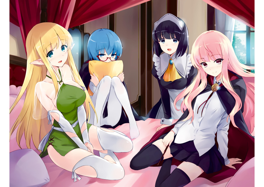 4girls artbook ascot bolo_tie collarbone fixed highres holding holding_pillow holding_wand hugging_object indoors kneeling louise_francoise_le_blanc_de_la_valliere maid maid_headdress multiple_girls noise_reduction official_art on_bed pentacle pentagram pillow pillow_hug scan siesta_(zero_no_tsukaima) sitting stitched tabitha_(zero_no_tsukaima) thighhighs tiffania_westwood usatsuka_eiji waifu2x wand zero_no_tsukaima zettai_ryouiki