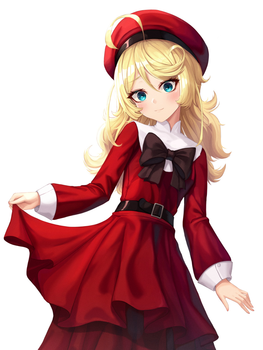 absurdres ahoge belt blonde_hair blue_eyes blush bow commentary_request dress female hair_between_eyes hat highres long_hair looking_at_viewer messy_hair red_dress ryon_y0421 simple_background skirt_hold smile solo tanya_degurechaff white_background youjo_senki