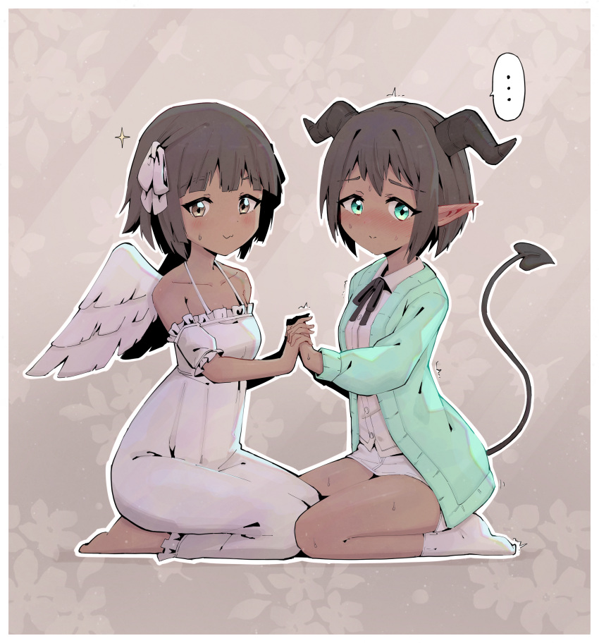 ... 2girls absurdres angel angel_and_devil aqua_cardigan averting_eyes bare_shoulders barefoot black_horns black_ribbon blunt_bangs blush bob_cut border breasts brown_background brown_eyes brown_hair buttons cardigan choco_(rune_(dualhart)) closed_mouth collarbone collared_shirt commentary dark-skinned_female dark_skin demon_girl demon_tail dress ear_blush feathered_wings floral_background frilled_dress frilled_sleeves frills from_side full_body green_eyes hair_intakes hair_ribbon hands_up happy highres holding_hands horns interlocked_fingers kneeling long_sleeves looking_to_the_side miniskirt multiple_girls natali_(rune_(dualhart)) neck_ribbon nervous nose_blush off-shoulder_dress off_shoulder open_cardigan open_clothes original outline paresthesia pencil_skirt pointy_ears ribbon rune_(dualhart) seiza shirt short_hair short_sleeves sidelocks simple_background sitting skirt small_breasts smile socks spaghetti_strap sparkle speech_bubble spoken_ellipsis sweat symmetry tail trembling wavy_mouth white_border white_dress white_outline white_ribbon white_shirt white_skirt white_socks white_wings wings yuri