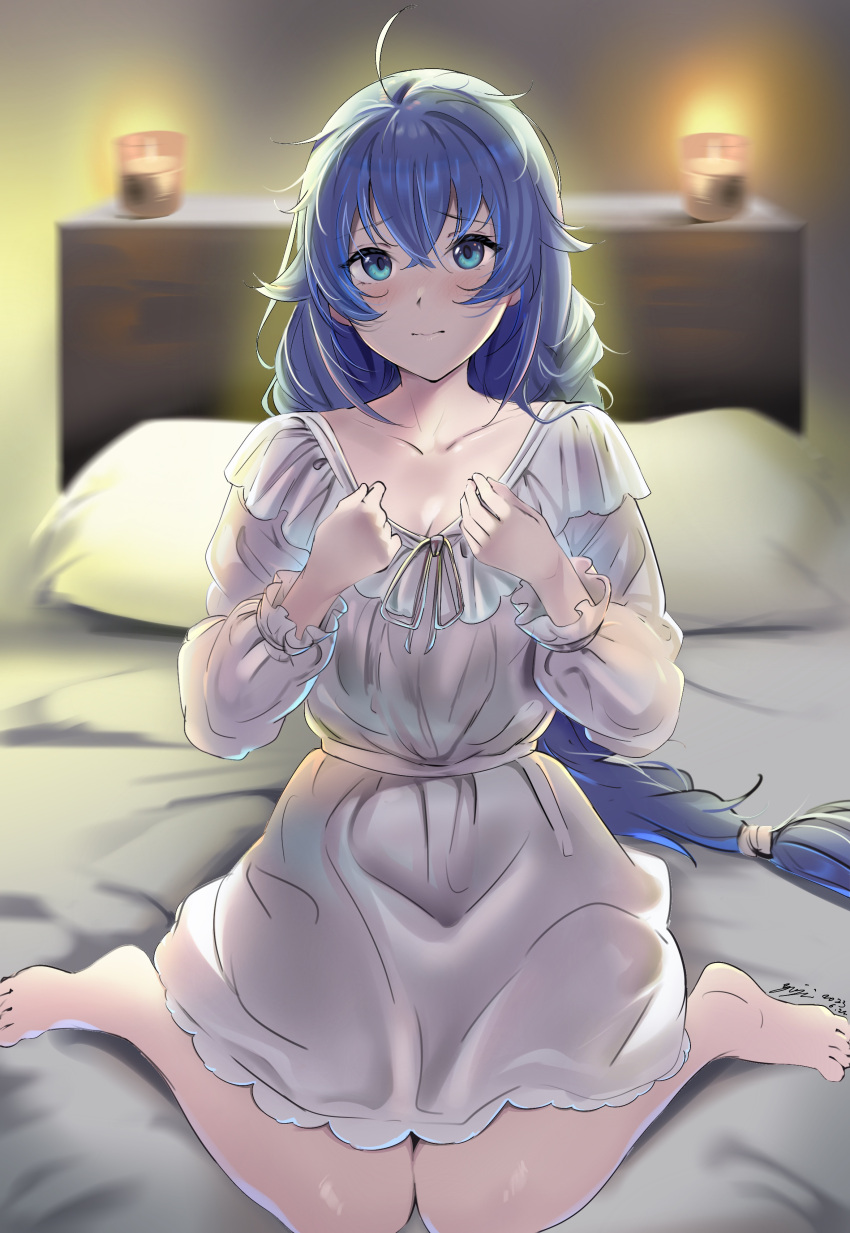 absurdres ahoge barefoot blue_eyes blue_hair blurry blurry_background braid closed_mouth collarbone commentary_request dated female hair_between_eyes highres indoors light_blush long_braid long_sleeves looking_at_viewer mushoku_tensei nightgown on_bed partial_commentary roxy_migurdia signature sitting solo toes twin_braids wariza white_nightgown yujin_(kanouyuuto-0423)