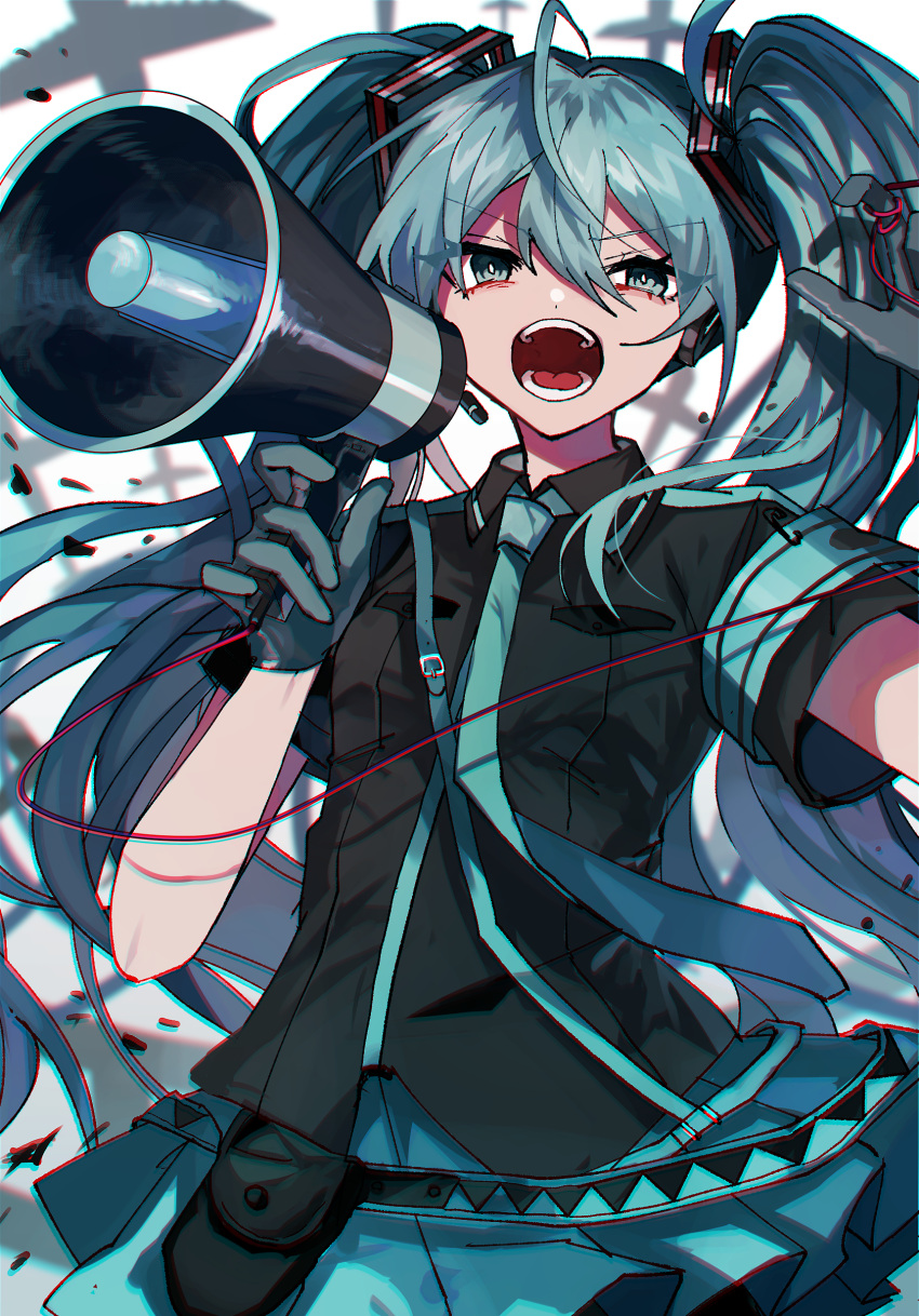 absurdres aircraft airplane armband black_gloves black_shirt blue_eyes blue_hair blue_necktie blue_skirt collared_shirt commentary danjou_sora dress_shirt female gloves hair_between_eyes hand_up hatsune_miku highres holding holding_megaphone koi_wa_sensou_(vocaloid) long_hair looking_at_viewer megaphone necktie open_mouth pleated_skirt safety_pin shirt short_sleeves skirt solo twintails uniform v-shaped_eyebrows very_long_hair vocaloid