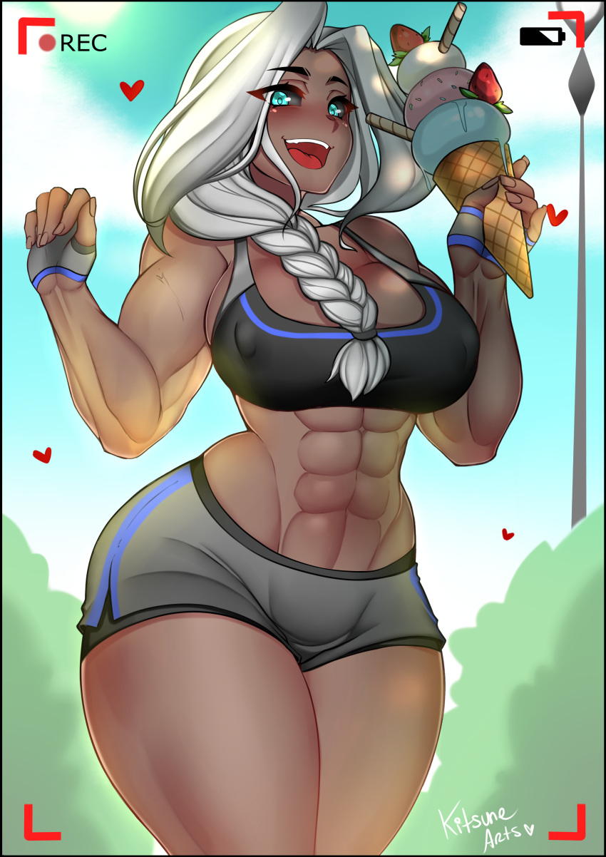 abs absurdres alice_(tbd) angel black_eyes braid braided_ponytail camera dark-skinned_female dark_skin female food fringe_trim gym_uniform highres ice_cream kitsunearts muscular muscular_female painttool_sai_(medium) solo source_request the_black_dragon white_hair