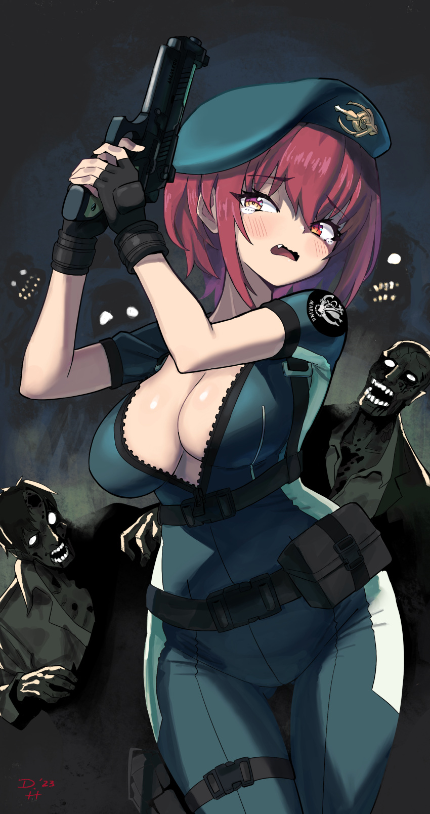 absurdres blush breasts chilidog_(lumchan777) cleavage cosplay female fingerless_gloves gloves gun handgun hat heterochromia highres holding holding_gun holding_weapon hololive houshou_marine jill_valentine jill_valentine_(cosplay) large_breasts oerba_yun_fang open_mouth red_eyes red_hair resident_evil scared short_hair tears virtual_youtuber weapon yellow_eyes zombie