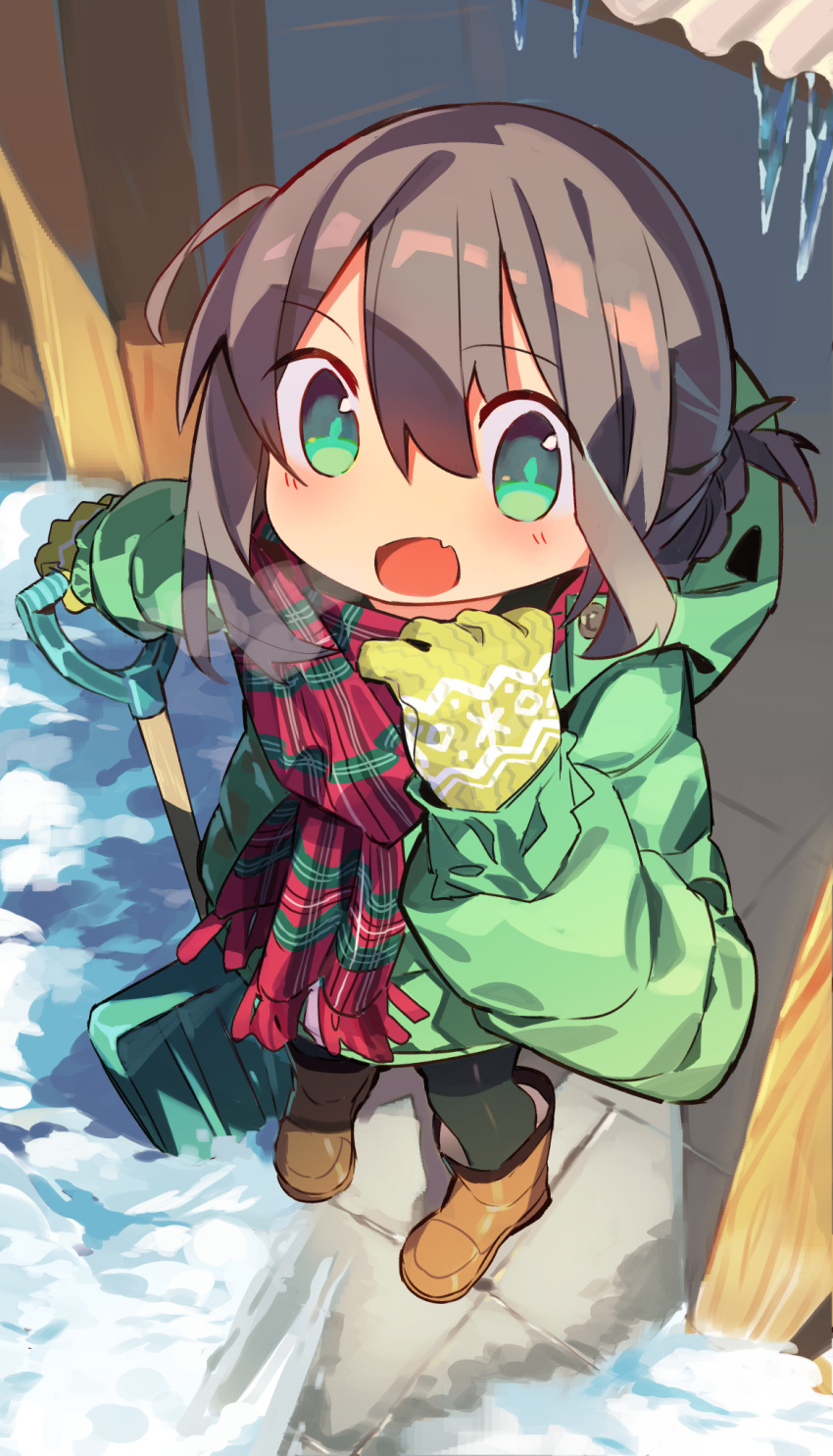 :d black_hair boots breath cloneko_(zelmeledf2) female from_above gloves green_eyes highres icicle jacket oerba_yun_fang original outdoors scarf shovel skin_fang smile snow snow_shovel solo winter winter_clothes