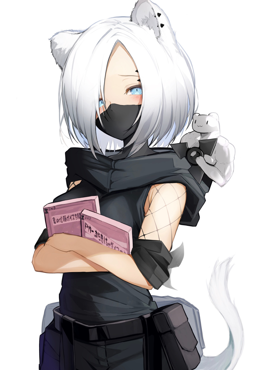 absurdres animal_ears arknights blue_eyes commentary_request dvd_case ermine female highres holding holding_case looking_at_viewer mask ninja shirayuki_(arknights) short_hair simple_background solo stoat_girl tab_head tail translation_request weasel weasel_ears weasel_girl weasel_tail white_background white_hair