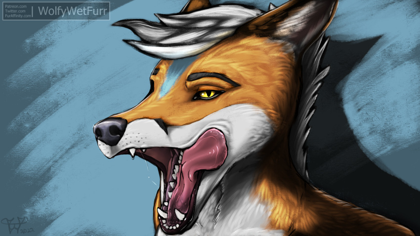 16:9 black_lips canid canine fox gregory_mist-tail hair hi_res licking licking_lips lips looking_at_viewer male mammal mouth_shot open_mouth orange_body realistic solo teeth text tongue tongue_out url white_hair widescreen wolfywetfurr_(artist) yellow_eyes