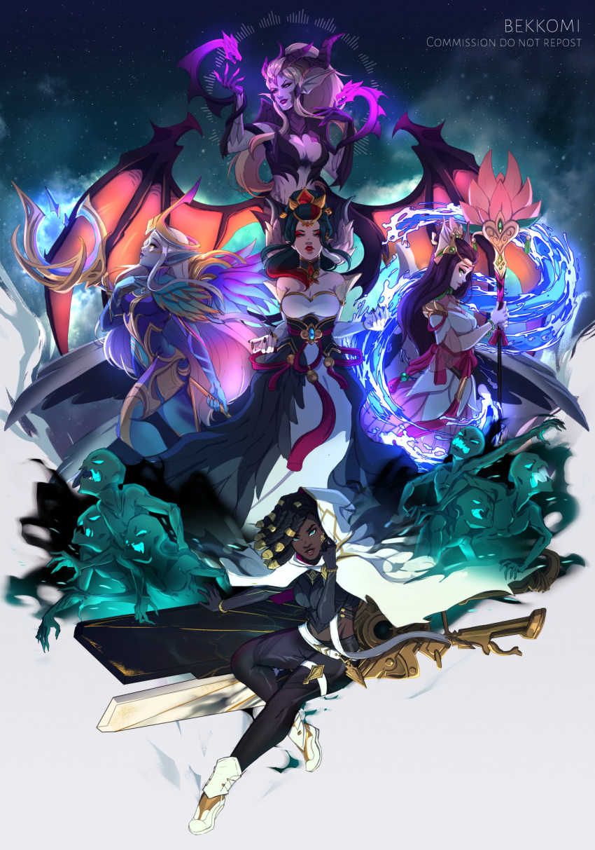 5girls arm_up bare_shoulders bekkomi black_hair blonde_hair breasts brown_hair cleavage commission creature dark-skinned_female dark_skin dawnbringer_soraka dragon_sorceress_zyra dreadlocks dress from_side ghoul gun hair_ornament hand_up highres holding holding_staff holding_weapon horns large_breasts league_of_legends long_hair looking_at_viewer magic majestic_empress_morgana morgana_(league_of_legends) multiple_girls nami_(league_of_legends) official_alternate_costume ponytail profile senna_(league_of_legends) smile soraka_(league_of_legends) splendid_staff_nami staff water weapon wings zyra