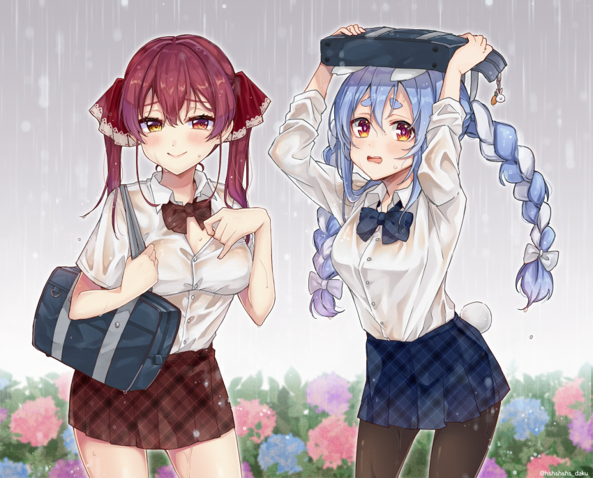 2girls alternate_costume animal_ears bag black_pantyhose blue_bow blue_bowtie blue_hair blue_ribbon blue_skirt bow bowtie braid breasts brown_bow brown_bowtie bush buttons closed_mouth cloud cloudy_sky collared_shirt commentary_request contrapposto covering_head cowboy_shot dakuryuu flower grey_sky hair_ribbon hairbow heterochromia highres hololive houshou_marine hydrangea improvised_umbrella leaning_forward long_hair looking_at_viewer medium_breasts medium_hair multicolored_hair multiple_girls neck_ribbon open_mouth outdoors pantyhose plaid plaid_skirt pleated_skirt rabbit_ears rabbit_girl rabbit_tail rain red_eyes red_hair red_ribbon red_skirt ribbon school_bag school_uniform see-through shirt short_sleeves skirt sky smile standing streaked_hair symbol-shaped_pupils tail twin_braids twintails twitter_username unbuttoned unbuttoned_shirt usada_pekora virtual_youtuber wavy_mouth wet wet_clothes white_bow white_hair white_shirt yellow_eyes