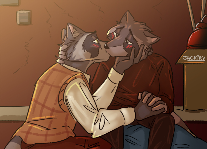 2023 anthro biped blush bottomwear clothing detailed_background duo hand_holding hi_res howard_lotor humanoid_hands jackiry kiss_on_lips kissing larry_(tails_noir) male male/male mammal pants procyonid raccoon shirt sitting tails_noir topwear