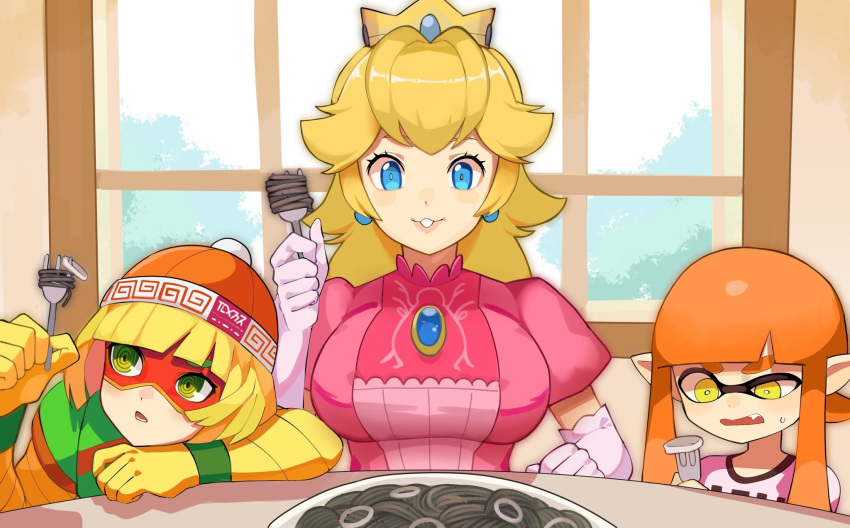 3girls :3 arms_(game) beanie black_spaghetti blonde_hair blue_eyes blunt_bangs breasts commentary_request earrings elbow_gloves eyebrows_hidden_by_hair food fork gem gloves green_eyes hat highres holding holding_fork indoors inkling inkling_girl inkling_player_character jewelry katwo large_breasts long_hair lower_teeth_only mario_(series) mask meandros min_min_(arms) multiple_girls oerba_yun_fang orange_hair pasta plate pointy_ears princess_peach puffy_short_sleeves puffy_sleeves shirt short_hair short_sleeves spaghetti splatoon_(series) super_smash_bros. sweatdrop teeth white_gloves window