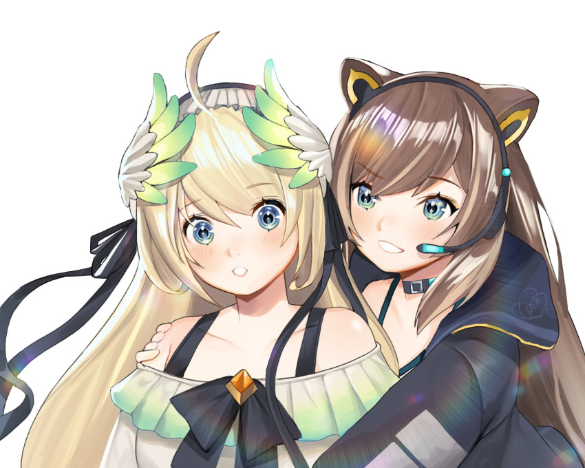 2girls animal_ears black_jacket black_ribbon blonde_hair blue_eyes blush brown_hair collarbone dress frilled_dress frills hair_ribbon hana_macchia hana_macchia_(2nd_costume) head_wings headset highres hug hug_from_behind jacket lens_flare multiple_girls najjo nijisanji nijisanji_id off-shoulder_dress off_shoulder official_alternate_costume parted_lips ribbon smile virtual_youtuber white_dress wings zea_cornelia zea_cornelia_(2nd_costume)