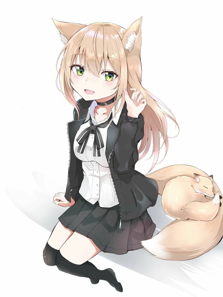 animal_ear_fluff animal_ears arm_up black_jacket black_neckwear black_ribbon black_skirt black_thighhighs blonde_hair breasts choker commentary_request female fingernails foreshortening fox fox_ears fox_girl fox_tail green_eyes hair_between_eyes hand_in_own_hair highres impossible_clothes impossible_shirt iyo_(ya_na_kanji) jacket long_hair looking_at_viewer medium_breasts oerba_yun_fang open_clothes open_jacket open_mouth original over-kneehighs pleated_skirt ribbon school_uniform shirt sitting skirt solo tail tail_pillow thighhighs very_long_hair white_shirt