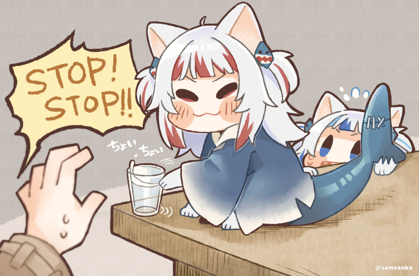 3girls :3 alternate_eye_color alternate_hair_color animal_ears animal_hands blue_eyes blue_hair blunt_bangs blush cat_ears commentary cup dark_persona drinking_glass dual_persona english_commentary english_text fins fish_tail gawr_gura gawr_gura_(1st_costume) grey_hair hair_ornament hairclip highres hololive hololive_english multicolored_hair multiple_girls on_table out_of_frame pushing red_eyes red_hair reflect_(gawr_gura) same_anko shark_tail streaked_hair table tail twitter_username two-tone_hair two_side_up virtual_youtuber water watson_amelia wide_sleeves