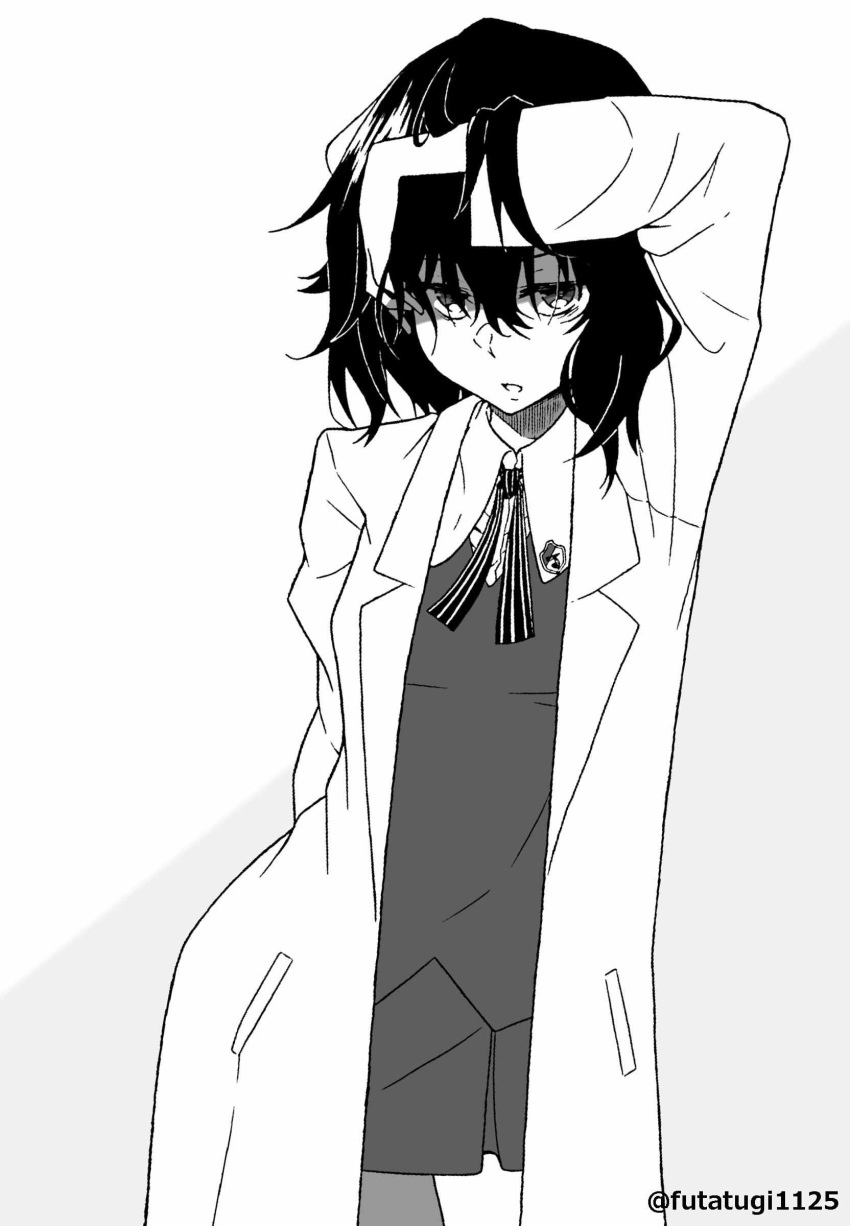 absurdres artist_name female futatugikota greyscale hand_in_own_hair hand_on_own_head highres lab_coat medium_hair monochrome nunotaba_shinobu open_mouth school_uniform short_hair skirt solo toaru_kagaku_no_railgun toaru_kagaku_no_railgun_s toaru_majutsu_no_index