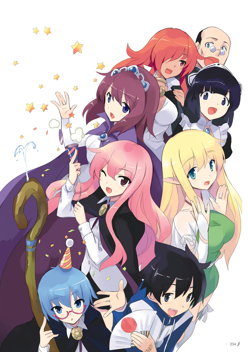 2boys 6+girls :d artbook bald black_hair blonde_hair bolo_tie closed_mouth colbert_(zero_no_tsukaima) dot_mouth everyone fixed glasses henrietta_de_tristain highres hiraga_saito kirche_augusta_frederica_von_anhalt_zerbst looking_at_viewer louise_francoise_le_blanc_de_la_valliere maid maid_headdress multiple_boys multiple_girls noise_reduction official_art one_eye_closed open_mouth page_number pink_hair red-framed_eyewear red_hair scan semi-rimless_eyewear siesta_(zero_no_tsukaima) smile star_(symbol) tabitha_(zero_no_tsukaima) tiara tiffania_westwood under-rim_eyewear usatsuka_eiji waifu2x zero_no_tsukaima