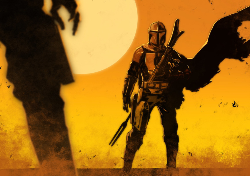 alien armor baby blurry cape carrying commentary cowboy_western depth_of_field din_djarin dust english_commentary faceoff grogu gun helmet highres holster holstered mandalorian miwa_shirow orange_sky showdown silhouette sky standing star_wars sun sunset the_mandalorian weapon