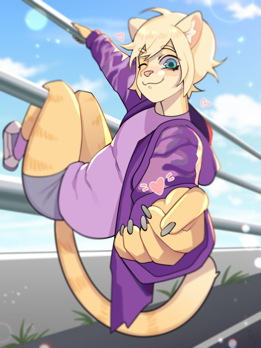 anthro biped blonde_hair casual_clothing clothed clothing dangling depth_of_field digital_media_(artwork) felid feline foreshortening freakster fully_clothed hair hi_res hoodie mammal one_eye_closed outside railing reaching_towards_viewer solo sora_(tehkey) topwear wink