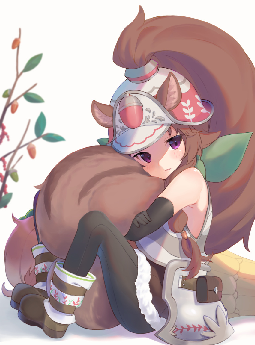 animal_ears bare_shoulders black_gloves black_legwear blush brown_hair brown_tail elbow_gloves female gloves hat highres hugging_own_tail hugging_tail knees_up leaf long_hair looking_at_viewer parted_lips ponytail princess_connect! purple_eyes rin_(princess_connect!) rin_(ranger)_(princess_connect!) shimon_(31426784) simple_background solo squirrel_ears squirrel_girl squirrel_tail tail very_long_hair white_background