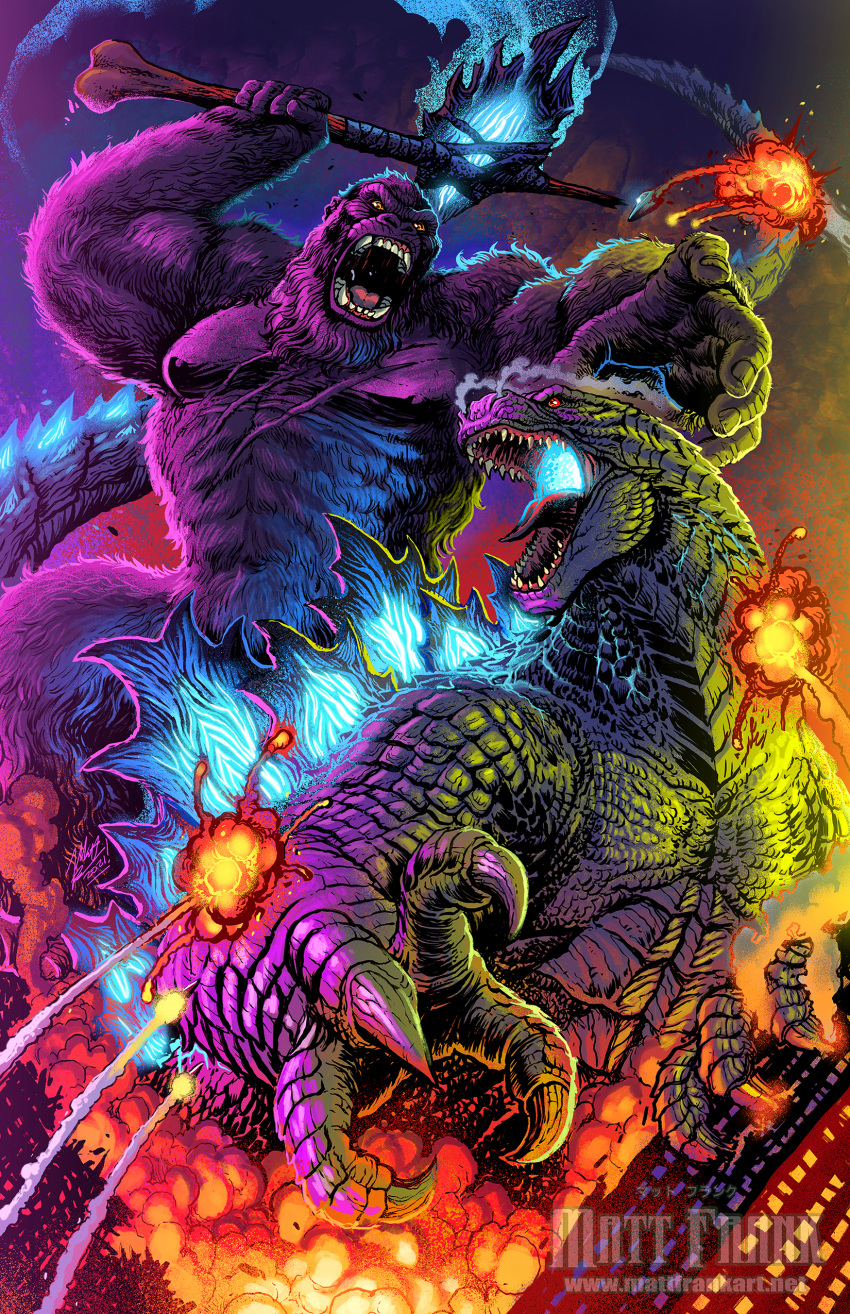 absurdres axe battle battle_axe bioluminescence city claws cloud fangs fire giant gloves glowing glowing_eyes godzilla godzilla_(2014) godzilla_(monsterverse) godzilla_(series) godzilla_vs._kong gorilla highres holding holding_axe holding_weapon kaijuu king_kong king_kong_(series) kong:_skull_island kong_(monsterverse) matt_frank monster monsterverse mouth_beam no_humans open_mouth scales science_fiction sharp_teeth sky smoke spikes spines tail teeth weapon