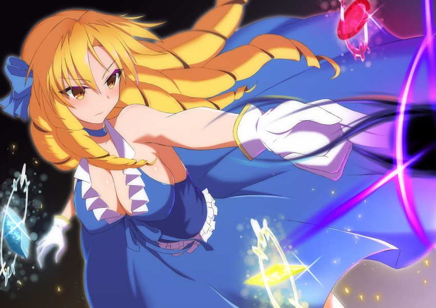 bare_shoulders blonde_hair blue_bow blue_dress bow breasts brown_eyes cleavage collarbone commentary_request coyomin dress drill_hair fate/hollow_ataraxia fate_(series) female gem gloves hairbow highres large_breasts long_dress long_hair luviagelita_edelfelt magic pointing sleeveless sleeveless_dress solo very_long_hair white_gloves