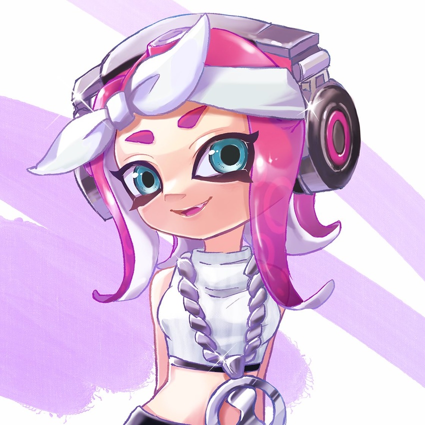 arms_behind_back blue_eyes chain_necklace chains commentary cosplay crop_top female head_tilt headband headphones jewelry looking_at_viewer marina_(splatoon) marina_(splatoon)_(cosplay) medium_hair midriff_peek necklace octoling octoling_girl octoling_player_character oerba_yun_fang open_mouth pendant pink_background pink_hair pointy_ears shirt sleeveless sleeveless_shirt smile solo sparkle splatoon_(series) splatoon_2 suction_cups tentacle_hair upper_body upsidedown510 white_headband white_shirt