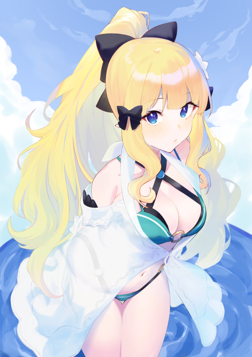 belly black_bow blonde_hair blue_eyes blush bow breasts elf female hair_ornament hair_ribbon hairbow highres large_breasts long_hair looking_at_viewer navel pointy_ears ponytail princess_connect! ribbon saren_(princess_connect!) saren_(summer)_(princess_connect!) shimon_(31426784) simple_background solo swimsuit thighs