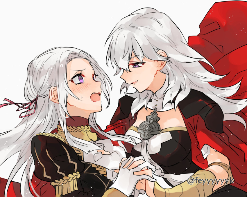 2girls aiguillette alternate_color armlet armor bad_id bad_twitter_id blush bodice breasts bustier byleth_(female)_(fire_emblem) byleth_(fire_emblem) cape color_connection commentary cosplay edelgard_von_hresvelg edelgard_von_hresvelg_(cosplay) feyyyyyyk fire_emblem fire_emblem:_three_houses garreg_mach_monastery_uniform gloves grey_background hair_ribbon highres long_hair long_sleeves multiple_girls open_mouth purple_eyes red_cape ribbon shoulder_armor simple_background super_smash_bros. tassel turtleneck twitter_username uniform vambraces white_gloves white_hair yuri