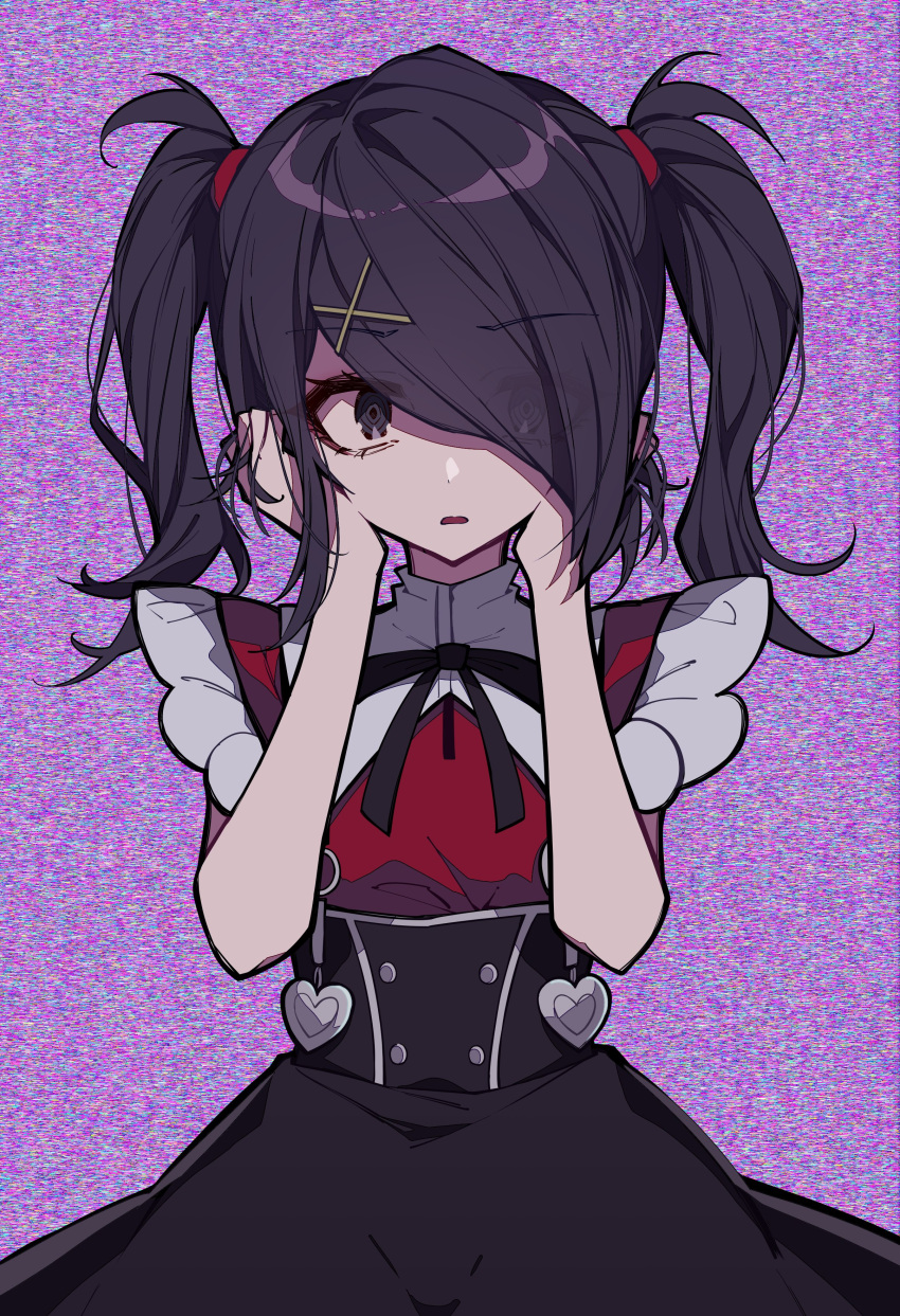 absurdres ame-chan_(needy_girl_overdose) black_eyes black_hair black_ribbon eyes_visible_through_hair female film_grain hair_ornament hair_over_one_eye hairclip hands_on_own_cheeks hands_on_own_face heart highres looking_at_viewer medium_hair neck_ribbon needy_girl_overdose parted_lips ribbon short_sleeves skirt solo suspender_skirt suspenders toake_mikage twintails upper_body x_hair_ornament