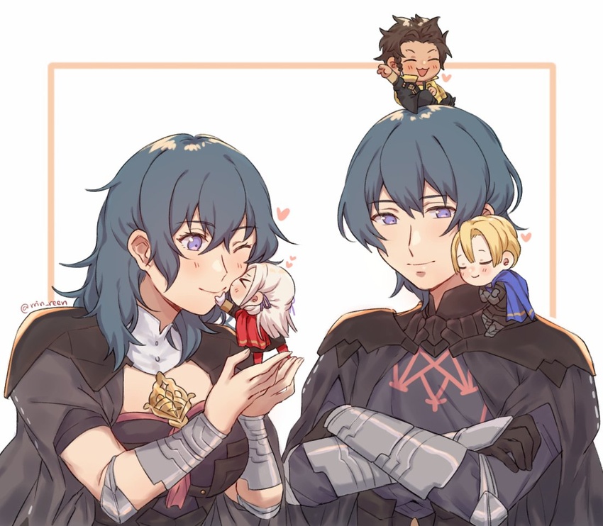 >_< 2girls 3boys aqua_hair arm_guards blonde_hair blue_eyes blush breasts brown_hair byleth_(female)_(fire_emblem) byleth_(fire_emblem) byleth_(male)_(fire_emblem) cape chibi claude_von_riegan crossed_arms dimitri_alexandre_blaiddyd dual_persona edelgard_von_hresvelg fire_emblem fire_emblem:_three_houses garreg_mach_monastery_uniform grey_hair heart kissing kissing_cheek medium_breasts mini_person miniboy minigirl multiple_boys multiple_girls pantyhose short_hair upper_body yaoi yukari_(bryleluansing) yuri