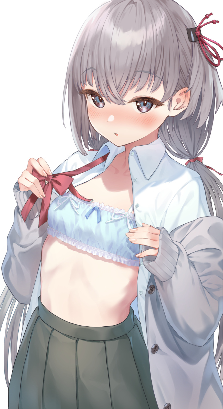 blush bow bow_bra bowtie bowtie_removed bra breasts cardigan cinderella_bust collarbone collared_shirt eyebrows_visible_through_hair frilled_bra frills grey_eyes grey_hair hair_ribbon highres long_hair looking_at_viewer low_twintails namikishiho navel open_cardigan open_clothes open_shirt original parted_lips pleated_skirt red_ribbon ribbon school_uniform shirt skirt sleeves_past_wrists small_breasts twintails underwear very_long_hair white_shirt