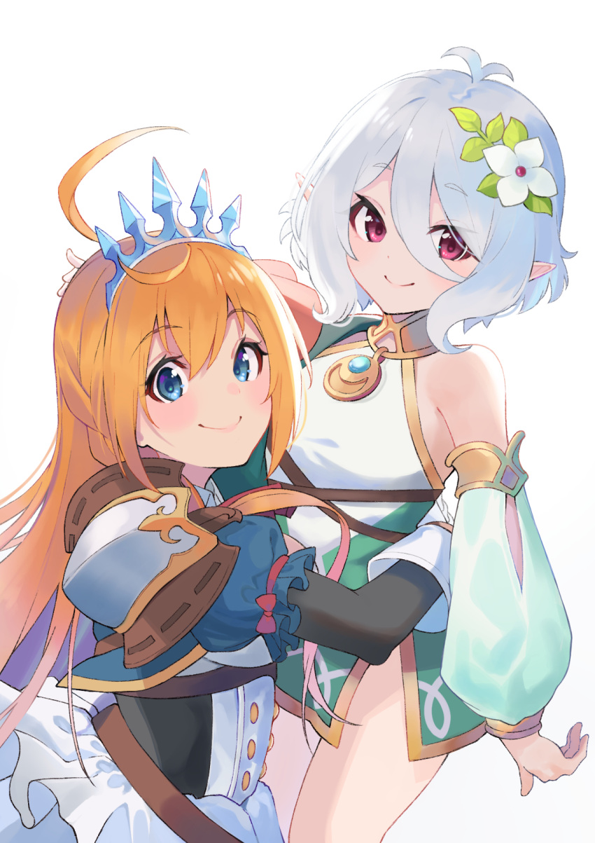 2girls ahoge antenna_hair bare_legs bare_shoulders blue_eyes blush breasts closed_mouth detached_sleeves dress elf flower hair_between_eyes hair_flower hair_ornament highres kokkoro_(princess_connect!) long_hair long_sleeves looking_at_viewer multiple_girls orange_hair pecorine_(princess_connect!) pointy_ears princess_connect! red_eyes shimon_(31426784) short_hair simple_background sleeveless small_breasts smile tiara white_background white_hair