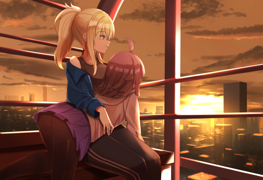 2girls ahoge blonde_hair building city cloud cloudy_sky commentary facing_away ferris_wheel_interior highres jacket long_hair love_live! love_live!_nijigasaki_high_school_idol_club lying_on_lap medium_hair miyashita_ai multiple_girls orein outdoors pants pantyhose pink_hair ponytail shirt sitting skirt sky sun sunset t-shirt tank_top tennoji_rina yellow_eyes yuri