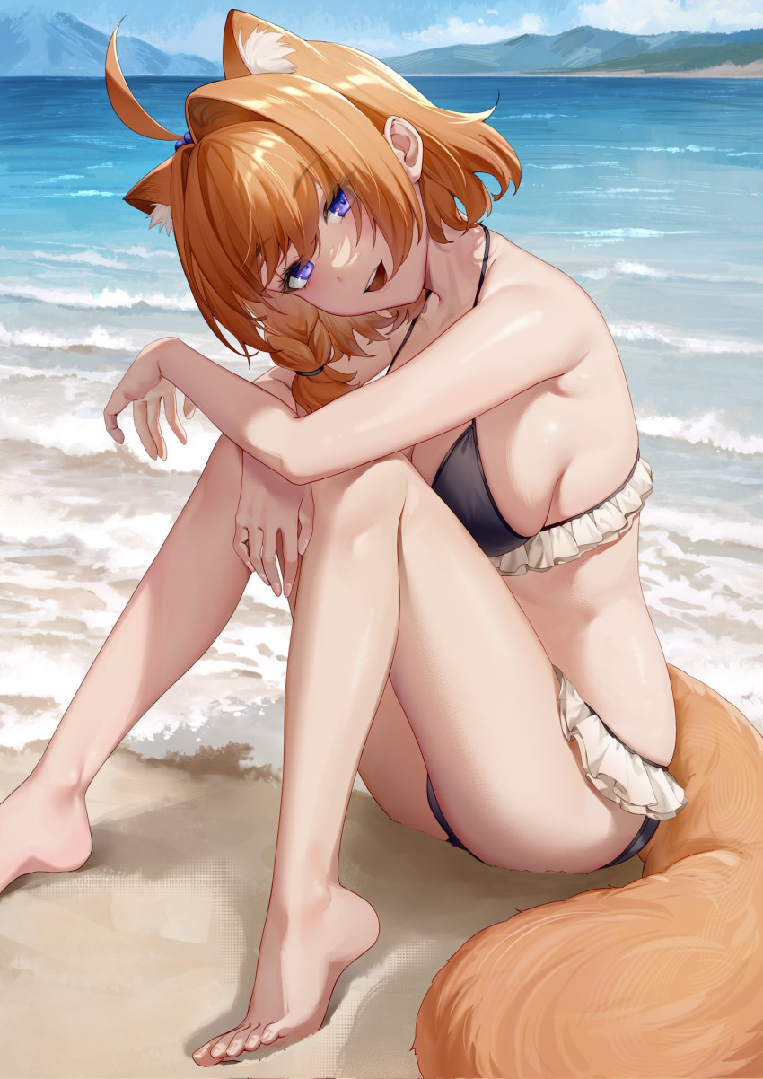 ahoge animal_ears ass bare_arms bare_legs bare_shoulders barefoot beach bikini black_bikini breasts cleavage extra_ears feet female fox_ears fox_girl fox_tail frilled_bikini frills halterneck highres illian-san knees_together_feet_apart knees_up legs looking_at_viewer medium_breasts medium_hair meridian_project open_mouth orange_hair outdoors purple_eyes sitting smile solo string_bikini swimsuit tail thighs toenails toes virtual_youtuber water yuzumi_(meridian_project)