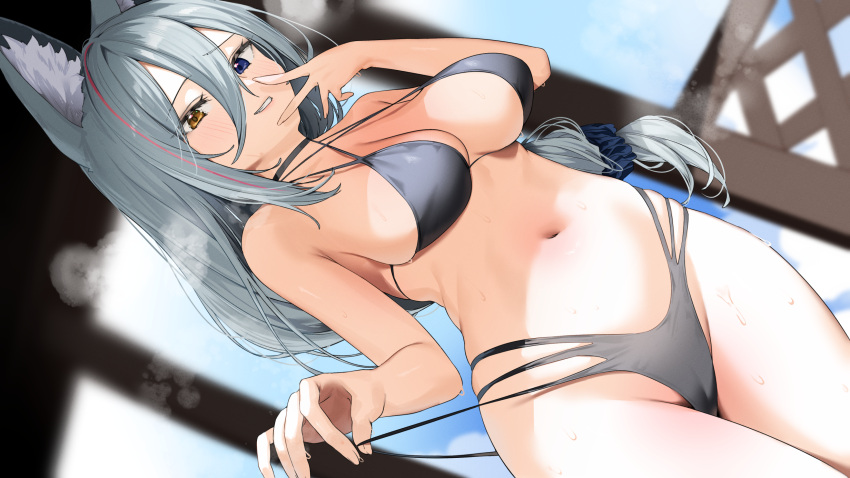 animal_ear_fluff animal_ears bare_arms bare_shoulders bikini black_bikini blue_sky blurry blush breasts commentary_request cowboy_shot criss-cross_halter day dutch_angle female grey_hair grey_tail grin groin hair_between_eyes halterneck heterochromia highres holding indoors itohana kemomimi_refle! large_breasts long_hair looking_at_viewer multi-strapped_bikini navel outdoors ronomiya_hinagiku sideboob sky smile solo stomach string_bikini swimsuit v very_long_hair virtual_youtuber wet wolf_ears yellow_eyes