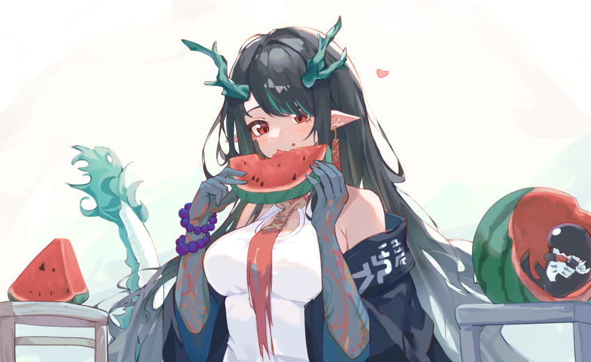 arknights arm_tattoo bare_shoulders bead_bracelet beads bitey_(arknights) black_hair black_jacket blue_skin blush bracelet breasts cleavage_cutout clothing_cutout colored_skin commentary_request dragon_girl dragon_tail dress dusk_(arknights) earrings eating female food food_on_face fruit green_hair heart highres horns jacket jewelry large_breasts lolifreak long_hair multicolored_hair multicolored_skin open_clothes open_jacket pointy_ears red_eyes simple_background streaked_hair tail tassel tassel_earrings tattoo upper_body very_long_hair watermelon watermelon_seeds watermelon_slice white_dress