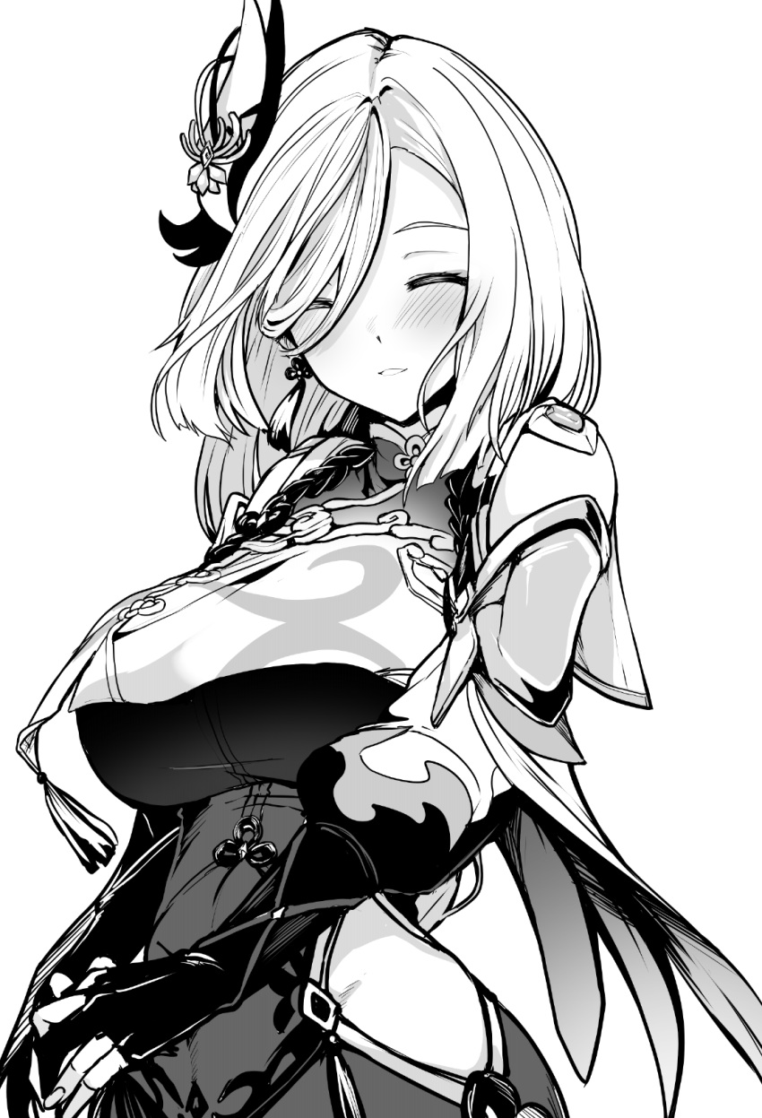 bodysuit braid breasts closed_eyes clothing_cutout female genshin_impact greyscale hair_ornament hair_over_one_eye highres large_breasts long_hair long_sleeves low-braided_long_hair low-tied_long_hair monochrome parted_lips puffy_long_sleeves puffy_sleeves shenhe_(genshin_impact) shoulder_cutout smile solo tabard tassel upanishi_mariko very_long_hair