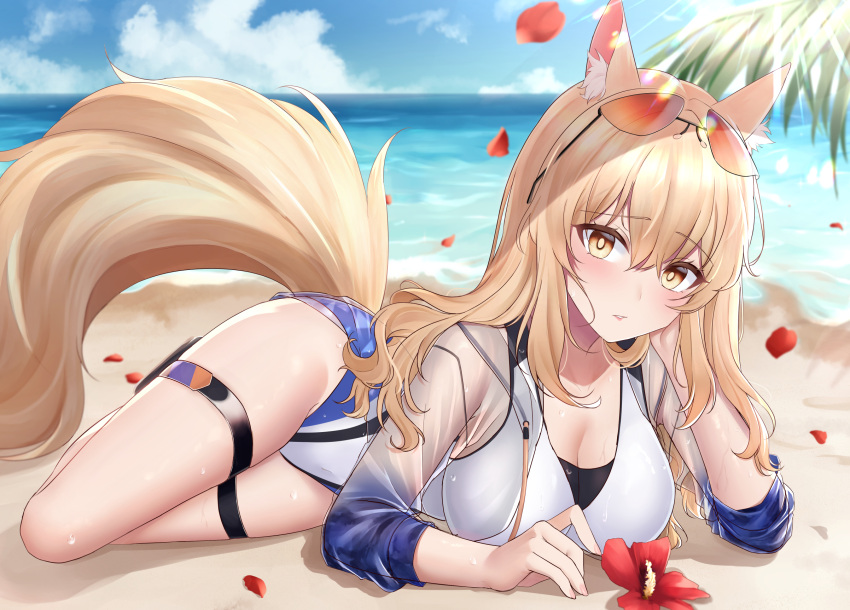 animal_ears arknights beach blonde_hair blurry blush breasts brown_eyes cleavage commission depth_of_field eyewear_on_head female flower full_body head_rest highres horse_ears horse_girl horse_tail jyu-so large_breasts long_hair long_sleeves looking_at_viewer nearl_(arknights) nearl_(shimmering_dew)_(arknights) official_alternate_costume one-piece_swimsuit outdoors parted_lips petals pixiv_commission see-through solo sunglasses swimsuit tail thigh_strap thighs