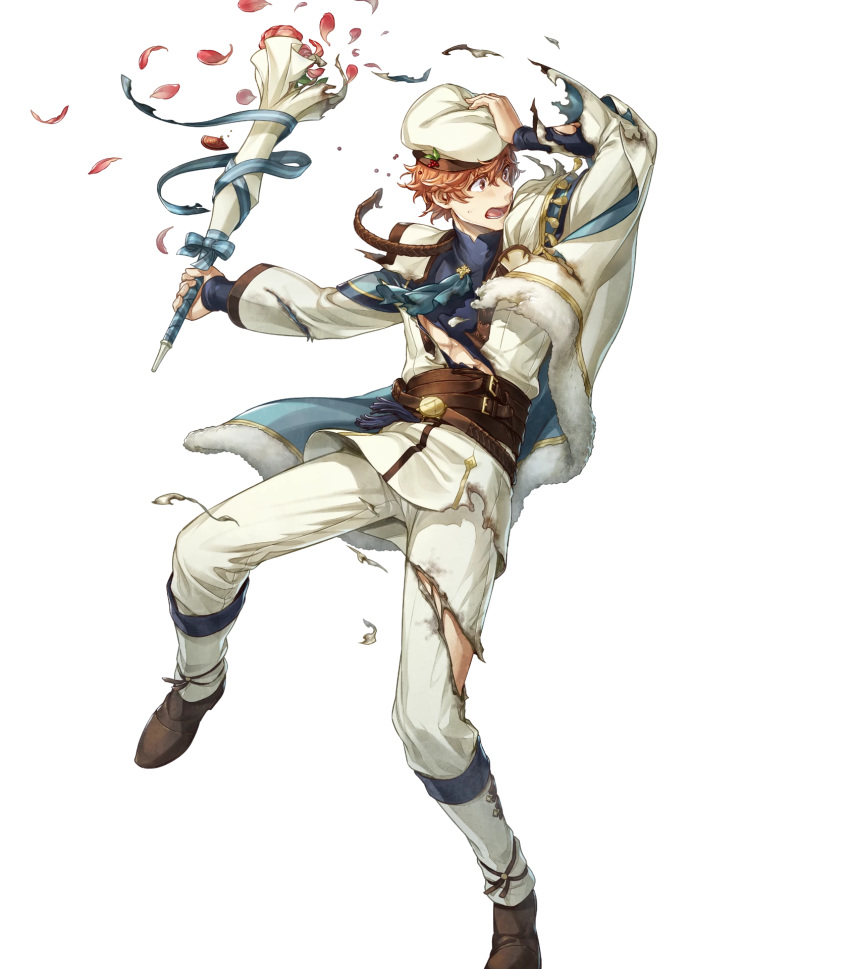 1boy abs alternate_costume argon_(exys) basket belt boots bouquet cape conrad_(fire_emblem) conrad_(valentine)_(fire_emblem) fire_emblem fire_emblem_echoes:_shadows_of_valentia fire_emblem_heroes flower full_body fur_trim gift hat highres leaf male_focus official_art open_mouth orange_eyes orange_hair petals solo teeth torn_clothes transparent_background