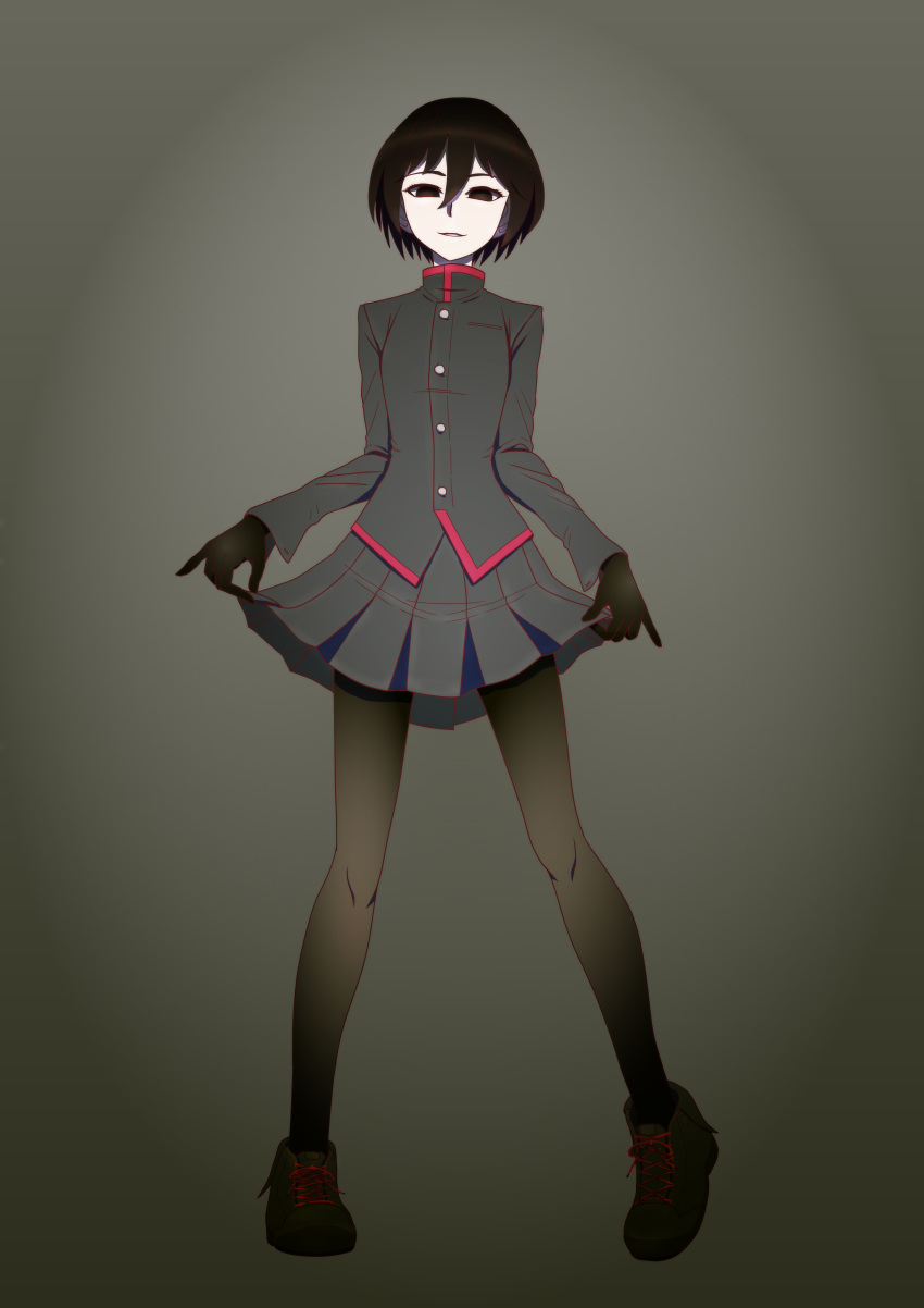 absurdres alternate_uniform black_eyes black_footwear black_gloves black_hair black_pantyhose black_skirt bob_cut breasts colored_skin commentary curtsey empty_eyes female full_body gakuran gloves gradient_background gradient_eyes grey_background hair_between_eyes highres jacket legs_apart light_smile looking_at_viewer monogatari_(series) multicolored_eyes ogre_(artist) oshino_ougi pale_skin pantyhose parted_lips pleated_skirt school_uniform shoes short_hair skirt skirt_hold small_breasts solo white_skin