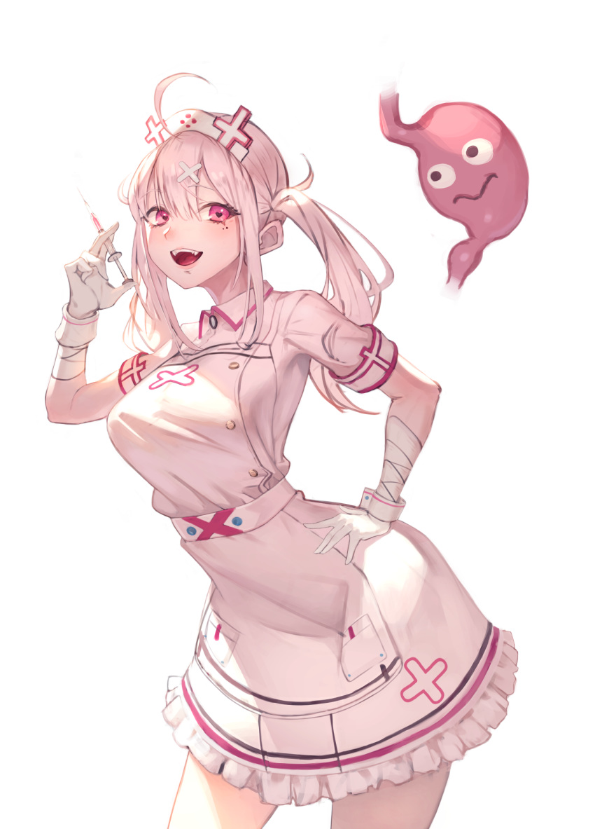 ahoge bandaged_arm bandages blush breasts cross female frills gloves hair_between_eyes hair_ornament hand_on_own_hip hat heart heart-shaped_pupils highres holding holding_syringe liver moco_(moco_28) mole mole_under_eye nijisanji nurse nurse_cap open_mouth pink_eyes pink_hair simple_background sleeves_rolled_up smile solo stomach_(organ) sukoya_kana symbol-shaped_pupils syringe teeth tongue upper_teeth_only virtual_youtuber white_background white_gloves x_hair_ornament