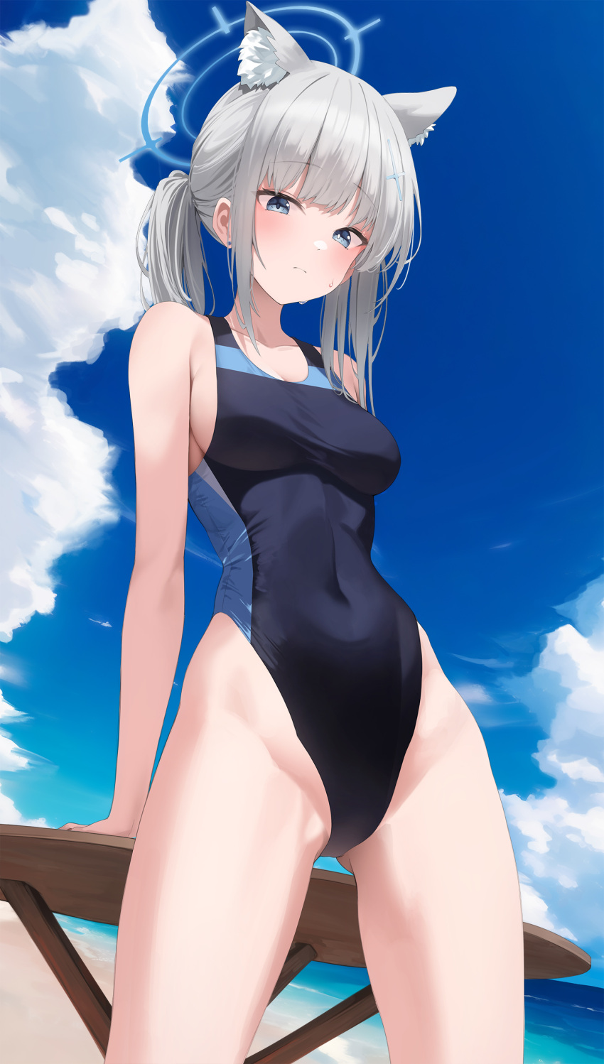 absurdres animal_ears blue_archive blue_eyes blue_halo blue_sky breasts closed_mouth cloud collarbone commentary competition_swimsuit covered_navel day extra_ears female grey_hair halo highleg highleg_swimsuit highres ju-ok looking_at_viewer medium_breasts official_alternate_costume one-piece_swimsuit outdoors shiroko_(blue_archive) shiroko_(swimsuit)_(blue_archive) sky solo swimsuit thighs wolf_ears