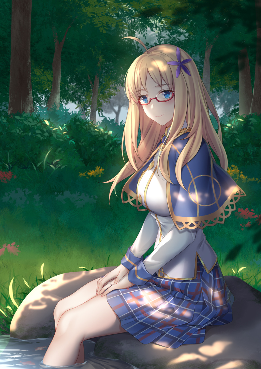 ahoge blonde_hair blue_capelet blue_skirt breasts capelet cartonbox_(zhixiang_zhi) dappled_sunlight day female flower forest glasses grass hair_flower hair_ornament highres hood_(warship_girls_r) jewelry long_hair long_sleeves medium_breasts nature outdoors plaid plaid_skirt pond red-framed_eyewear ring rock semi-rimless_eyewear sitting skirt soaking_feet solo sunlight tree warship_girls_r water