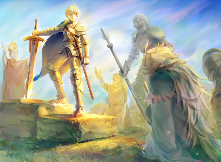 6+boys absurdres ahoge alternate_costume armor arthur_pendragon_(fate) blonde_hair cape commentary_request excalibur_(fate/prototype) fate/grand_order fate_(series) full_armor green_eyes hat highres holding holding_sword holding_weapon kneeling knight male_focus merlin_(fate) mitre multiple_boys peasant polearm pope priest robe sheath sheathed spear stairs sword weapon white2013 white_hair