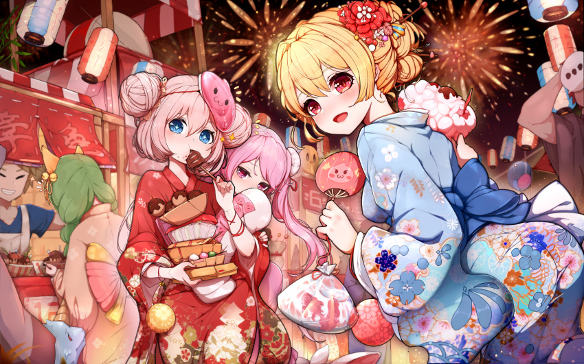 2boys 4girls absurdres blonde_hair blue_eyes bun_cover candy double_bun eating festival fireworks flower food green_hair hair_between_eyes hair_bun hair_flower hair_ornament hair_stick highres japanese_clothes kimono kiyomasa_ren lantern multiple_boys multiple_girls night open_mouth original paper_lantern pink_eyes pink_hair print_kimono red_eyes smile