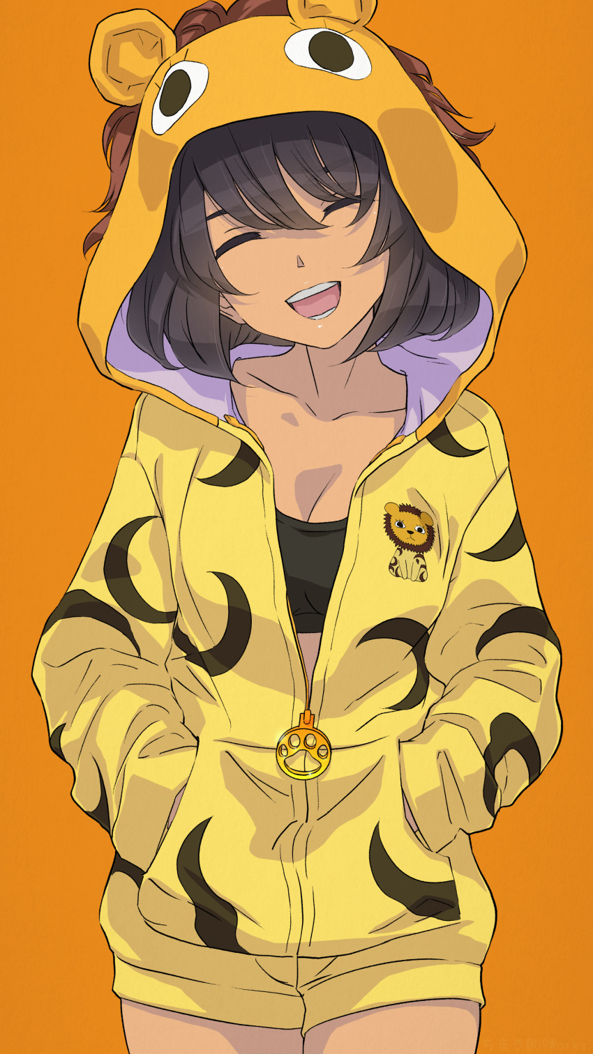 :d ^_^ absurdres akagi_(fmttps) animal_hood black_hair breasts cleavage closed_eyes collarbone female girls_und_panzer halloween hands_in_pockets highres hood hoshino_(girls_und_panzer) jacket lion_hood long_sleeves medium_breasts open_mouth orange_background short_hair simple_background smile solo teeth yellow_jacket zipper