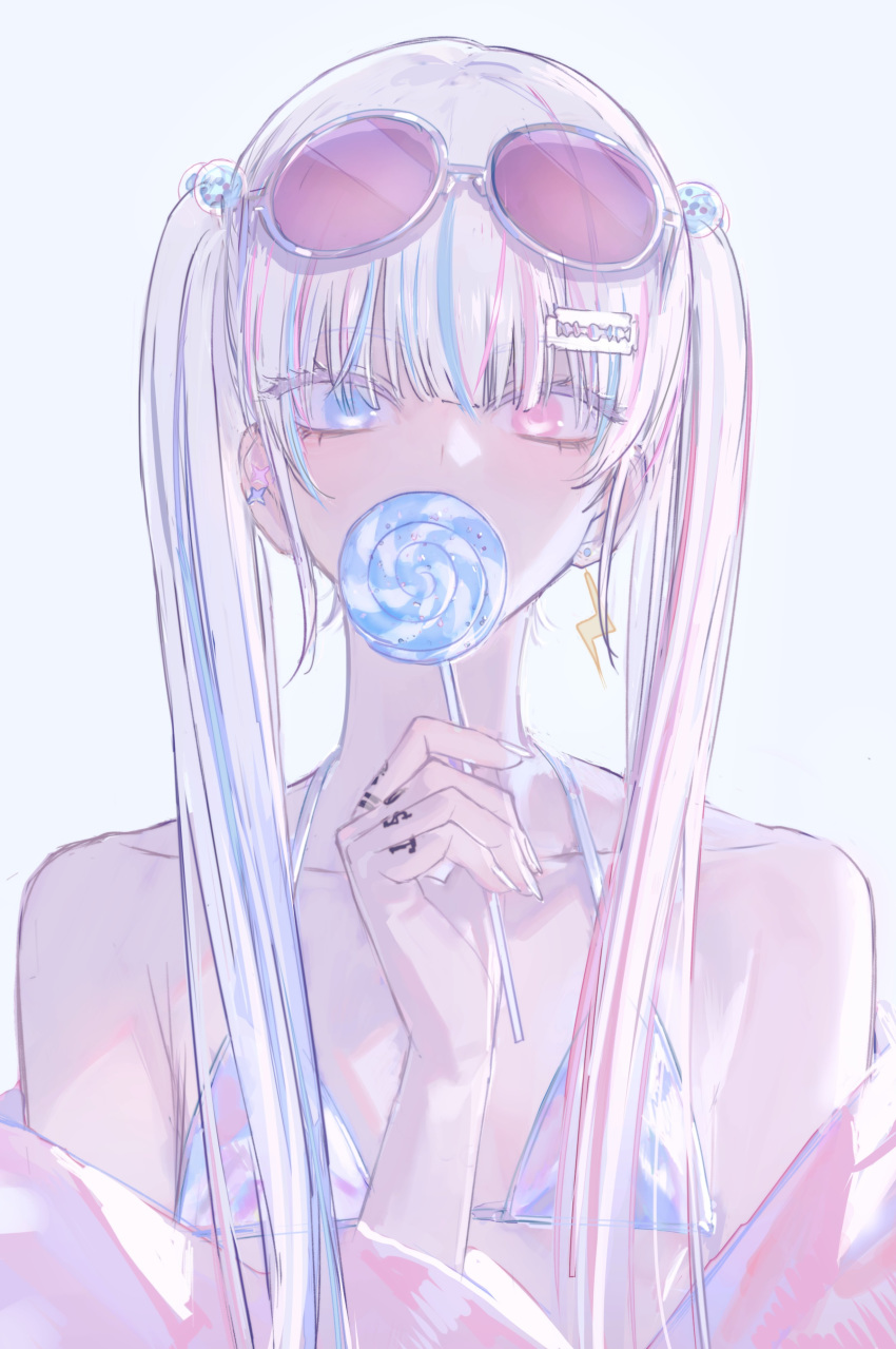 absurdres bare_shoulders bikini blue_eyes blue_hair candy covered_mouth eyewear_on_head female fingernails food grey_background halterneck hand_tattoo hand_up head_tilt heterochromia highres hirota_tsuu holding holding_candy holding_food holding_lollipop lollipop looking_at_viewer multicolored_hair off_shoulder original pink_eyes pink_hair razor_blade razor_blade_hair_ornament simple_background solo string_bikini sunglasses swimsuit tattoo twintails two-tone_hair upper_body