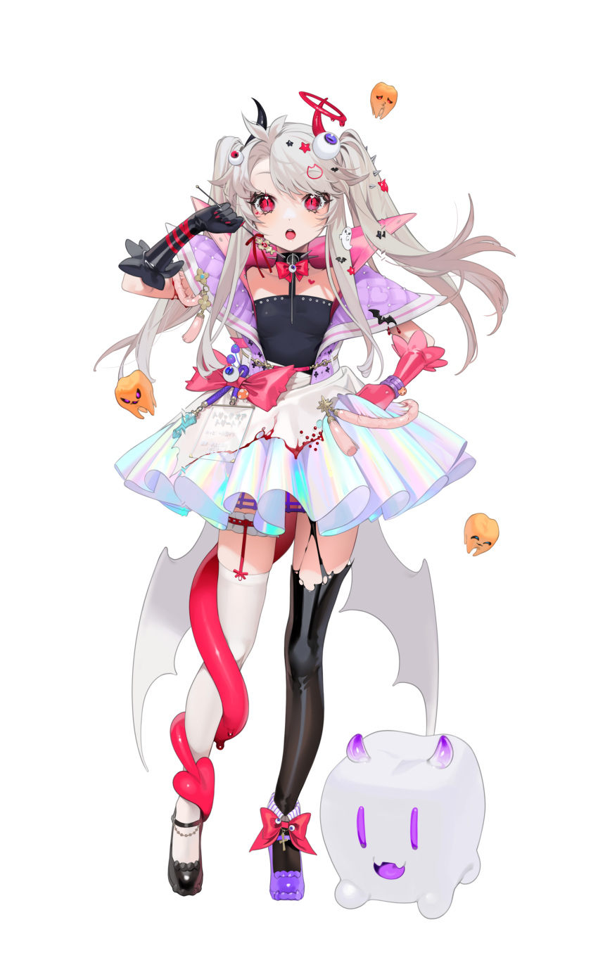 :o absurdres asymmetrical_footwear asymmetrical_gloves asymmetrical_legwear black_shirt black_thighhighs blonde_hair blood blood_halo colorful commentary_request crinoline decora demon_horns demon_tail dress eyeball female full_body gloves halo heart herme_(ohisashiburi) highres horns jacket liquid_halo long_hair looking_at_viewer mismatched_footwear mismatched_gloves mismatched_legwear ohisashiburi open_mouth original red_eyes shirt simple_background skirt slit_pupils solo standing tachi-e tail teeth thighhighs twintails white_background white_jacket white_thighhighs yami_kawaii